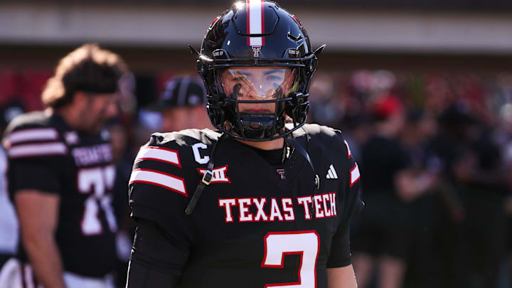 Texas Tech's Behren Morton looks on during warmups before a Big 12 Conference football game, Saturday, Nov. 15, 2025, at Jones AT&T Stadium.