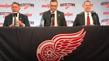 From left: Ken Holland, Steve Yzerman and Christopher Ilitch at Little Caesars Arena in Detroit on April 19, 2019.

Wings Conference2