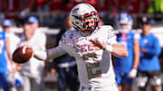Texas Tech quarterback Behren Morton looks to pass against BYU during a Big 12 Conference football game, Saturday, Nov. 8, 2025, at Jones AT&T Stadium.