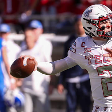 Texas Tech quarterback Behren Morton looks to pass against BYU during a Big 12 Conference football game, Saturday, Nov. 8, 2025, at Jones AT&T Stadium.