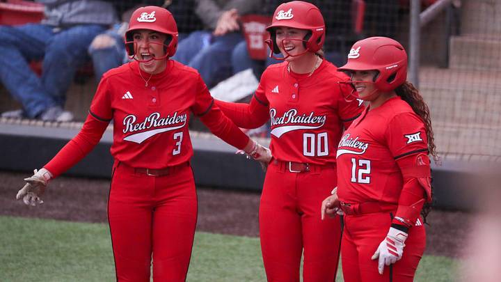Texas Tech players Makayla Garcia (3), Jackie Lis (00) and Jasmyn Burns greet Mia Williams at home after a home run against Baylor during a Big 12 Conference softball game, Friday, May 1, 2026, at Tracy Sellers Field.