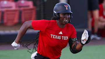 Texas Tech's NiJaree Canady runs to first base during an intrasquad softball scrimmage, Thursday, Sept. 11, 2025, at Rocky Johnson Field.