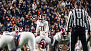 Alabama kicker Conor Talty (31) lines up for a kick against Auburn in Jordan-Hare Stadium