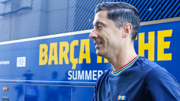 Jul 26, 2022; Dallas, Texas, USA;  FC Barcelona forward Robert Lewandowski (12) leaves the bus before the match against Juventus at the Cotton Bowl. Mandatory Credit: Kevin Jairaj-Imagn Images