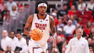 Texas Tech's JT Toppin brings the ball up the floor against Sam Houston during a nonconference men's basketball game, Friday, Nov. 7, 2025, at United Supermarkets Arena.