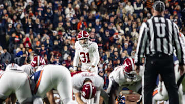 Alabama kicker Conor Talty (31) lines up for a kick against Auburn in Jordan-Hare Stadium