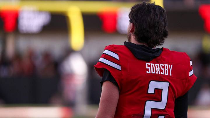 Texas Tech's Brendan Sorsby looks on during the spring football game, Friday, April 17, 2026, at Jones AT&T Stadium.