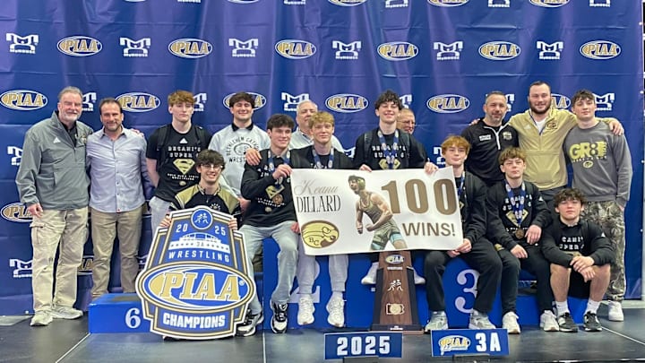 The victorious Bethlehem Catholic wrestling team after sweeping the PIAA dual meet and AAA state tournament championships. The victorious Bethlehem Catholic wrestling team after sweeping the PIAA dual meet and AAA state tournament championships.
