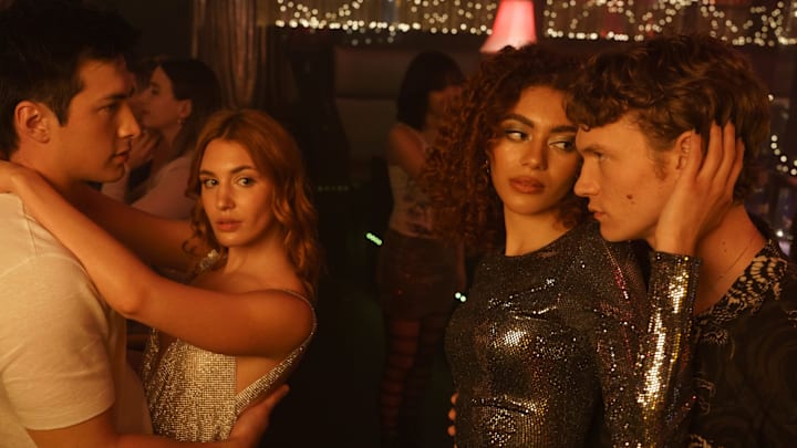 Hudson Williams as Shane Hollander, Sophie Nélisse as Rose Landry, Ksenia Daniela Kharlamova as Svetlana Vetrova, and Connor Storrie as Ilya Rozanov in Heated Rivalry