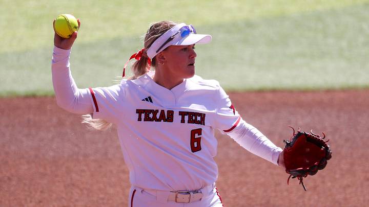 Texas Tech's Taylor Pannell prepares to throw against BYU during during a Big 12 Conference softball game, Saturday, April 4, 2026, at Tracy Sellers Field.