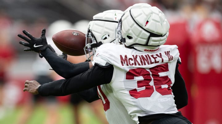 Arizona Cardinals safety Verone McKinley III knows the ball out of the receivers hands at training camp on Aug. 3, 2024 at State Farm Stadium in Glendale.