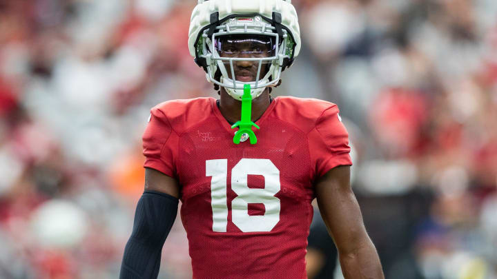 Arizona Cardinals wide receiver Marvin Harrison Jr. (18) at training camp on Aug. 3, 2024 at State Farm Stadium in Glendale.