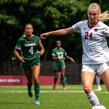 Boston a college women’s soccer player Paige Peltier with the ball during the teams season opener against Jacksonville