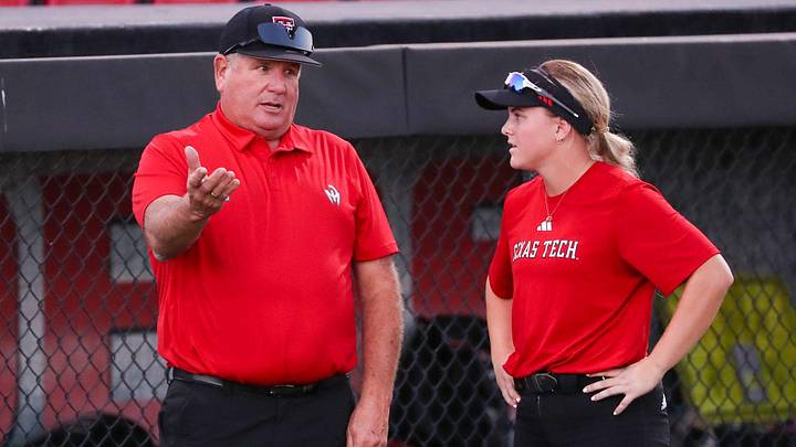 Texas Tech head coach Gerry Glasco talks to Taylor Pannell during a intrasquad softball scrimmage, Tuesday, Oct. 14, 2025, at Rocky Jonson Field.