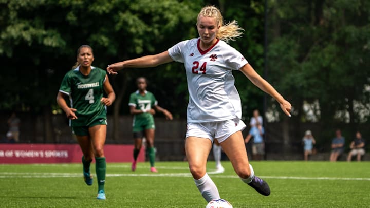 Boston a college women’s soccer player Paige Peltier with the ball during the teams season opener against Jacksonville