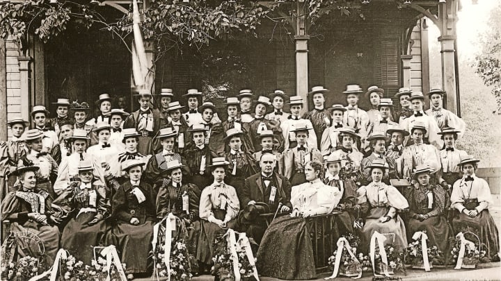 William McKinley (first row, center) and his wife, Ida (to his left), meet with the Flower Delegation.