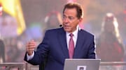 Former Alabama head coach Nick Saban discusses the Texas Tech football game vs. BYU on College GameDay, Saturday, Nov. 8, 2025, at Jones AT&T Stadium.
