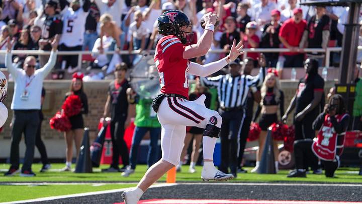 Texas Tech's Will Hammond leaps to celebrate his rushing touchdown against Arizona State during a Big 12 Conference football game, Saturday, Oct. 17, 2026, at Galaxy Stadium.