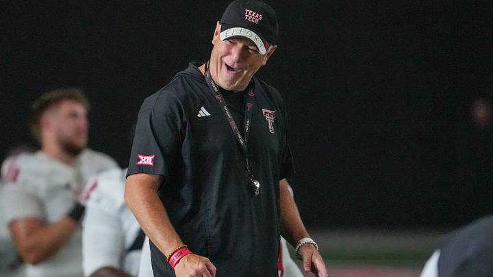 Texas Tech head coach Joey McGuire talks to players during football practice, Wednesday, Aug. 5, 2026, at the Womble Football Center.