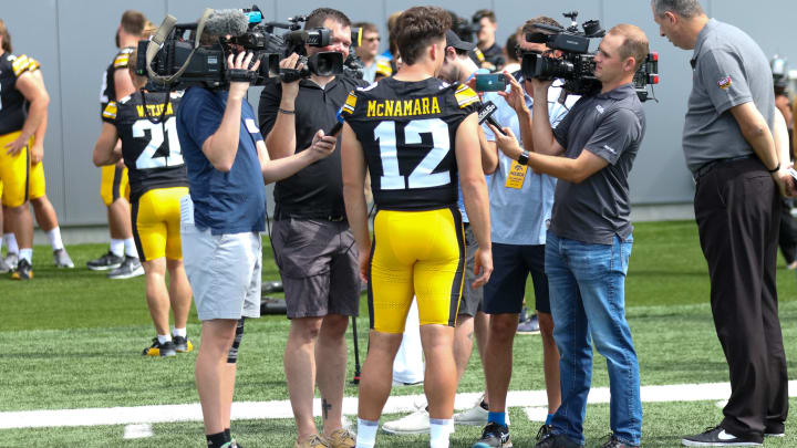 Iowa QB Cade McNamara speaks with reports at the team's annual media day on Aug. 9, 2024 in Iowa City. (Rob Howe/HN)