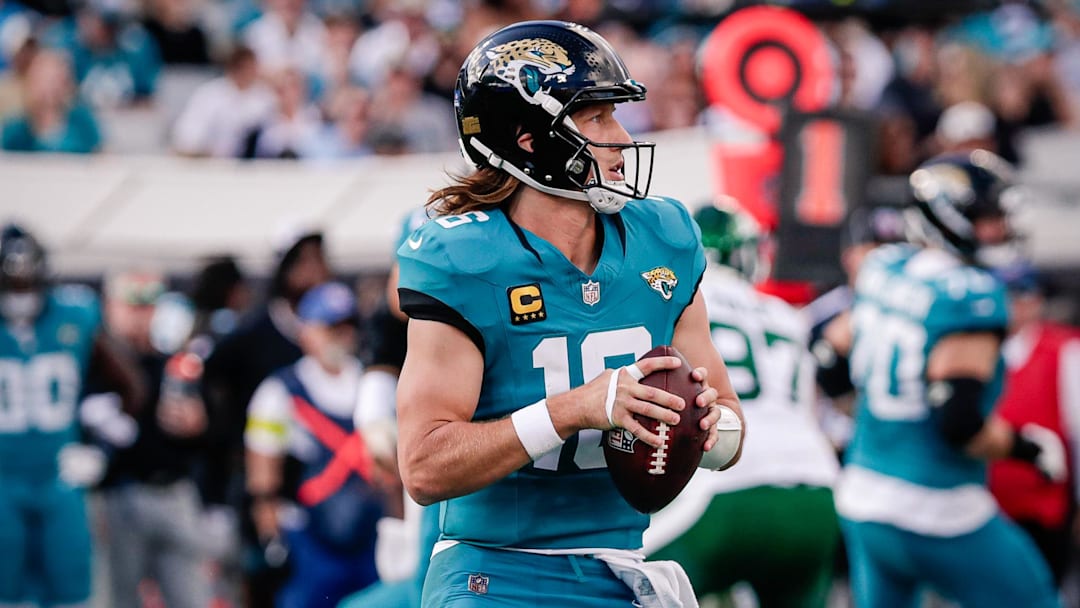 Dec 14, 2025; Jacksonville, Florida, USA;Jacksonville Jaguars quarterback Trevor Lawrence (16) drops back to pass against the New York Jets at EverBank Stadium. Mandatory Credit: Travis Register-Imagn Images