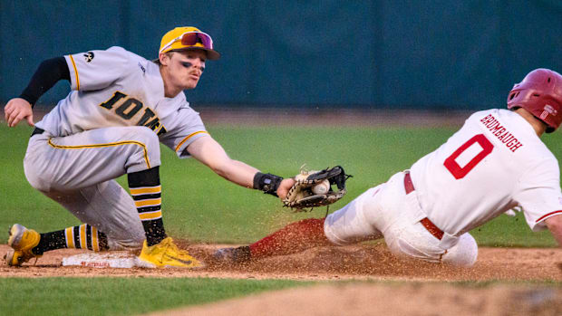 Cayden Brumbaugh eludes the tag and is safe for a stolen base.