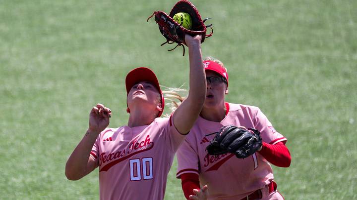 Texas Tech's Jackie Lis catches a pop fly in front of Mia Williams during a Big 12 Conference softball game, Sunday, March 29, 2026, at Tracy Sellers Field.