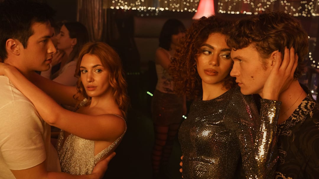 Hudson Williams as Shane Hollander, Sophie Nélisse as Rose Landry, Ksenia Daniela Kharlamova as Svetlana Vetrova, and Connor Storrie as Ilya Rozanov in Heated Rivalry