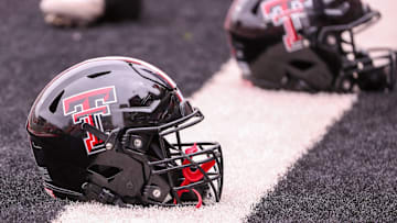 A Texas Tech helmet is seen before the the Texas Tech football team's spring game, Saturday, April 19, 2025, at Jones AT&T Stadium.