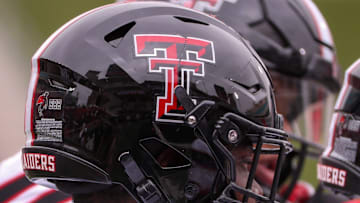 D'Anthis Upshaw Jr.'s helmet is seen before the Texas Tech football team's spring game, Saturday, April 19, 2025, at Jones AT&T Stadium.