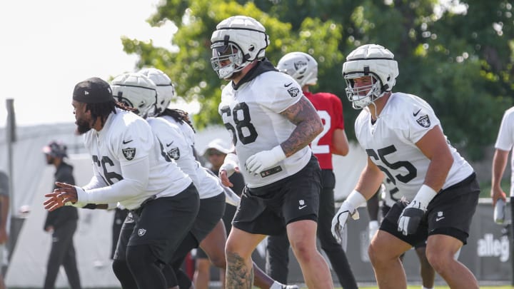 Las Vegas Raiders OL Dylan Parham, Andre James, Cody Whitehair