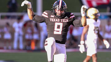 Texas Tech's Romello Height celebrates his sack against UCF during a Big 12 Conference football game, Saturday, Nov. 15, 2025, at Jones AT&T Stadium.