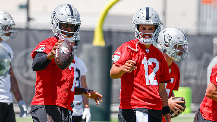 Las Vegas Raiders QBs Aidan O'Connell and Geno Smith Las Vegas Raiders QBs Aidan O'Connell and Geno Smith