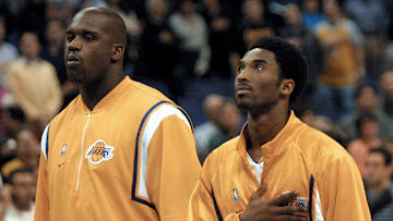 Shaquille O' Neal (L) and Kobe Bryant (R) of the L