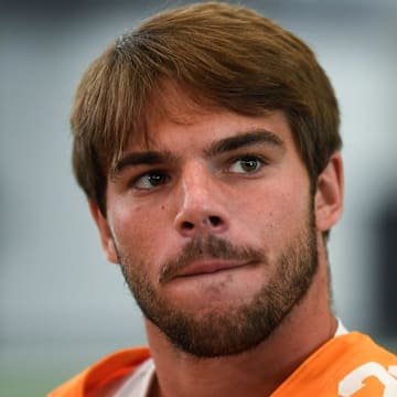 University of Tennessee LB Jeremiah Telander (22) speaks to the press on media day at the campus in Knoxville, Tuesday, July 30, 2024.