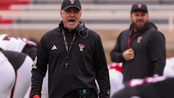 Head coach Joey McGuire offers words of encouragement before the Texas Tech football team's spring game, Saturday, April 19, 2025, at Jones AT&T Stadium.