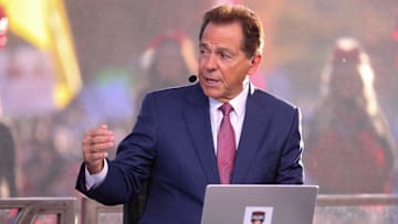 Former Alabama head coach Nick Saban discusses the Texas Tech football game vs. BYU on College GameDay, Saturday, Nov. 8, 2025, at Jones AT&T Stadium.