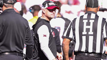 Texas Tech head coach Joey McGuire looks on during a Big 12 Conference football game, Saturday, Nov. 8, 2025, at Jones AT&T Stadium.