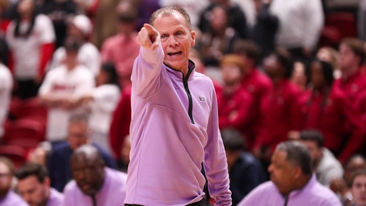 Kansas State interim head coach Matthew Driscoll calls to his team during a Big 12 Conference men's basketball game, Saturday, Feb. 21, 2026, in United Supermarkets Arena.