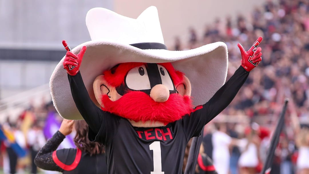 The Texas Tech mascot gestures to the crowd before a Big 12 Conference football game, Saturday, Oct. 11, 2025, at Jones AT&T Stadium in Lubbock.