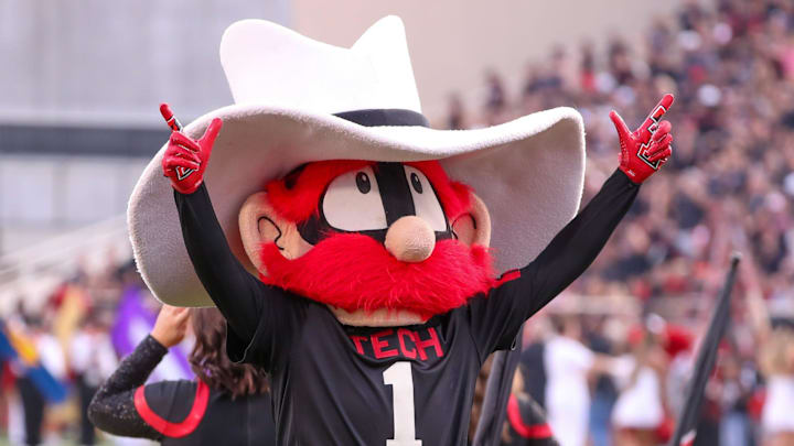 The Texas Tech mascot gestures to the crowd before a Big 12 Conference football game, Saturday, Oct. 11, 2025, at Jones AT&T Stadium in Lubbock.