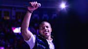 Desmond Bane celebrates getting his TCU jersey retired on Tuesday, February 19, 2025.