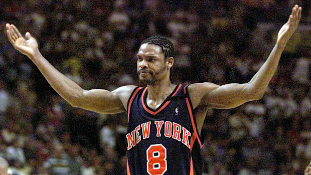 Latrell Sprewell reacts to the Indiana crowd in the 1999 Eastern Conference finals.