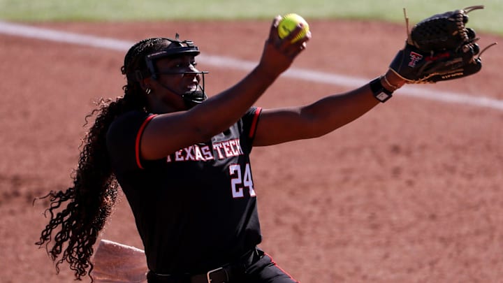 Texas Tech's NiJaree Canady pitches against Houston during a Big 12 Conference softball game, Saturday, April 12, 2025, at Rocky Johnson Field.