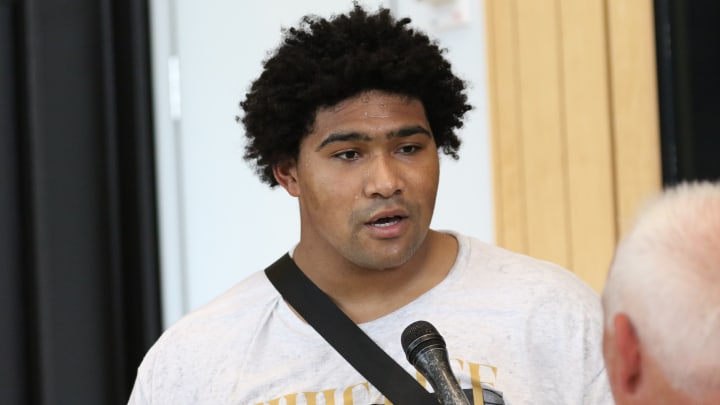 Iowa DL Yahya Black speaks with reporters on June 18, 2024 at the team's training center in Iowa City, Iowa. (Photo: Rob Howe/HN) 