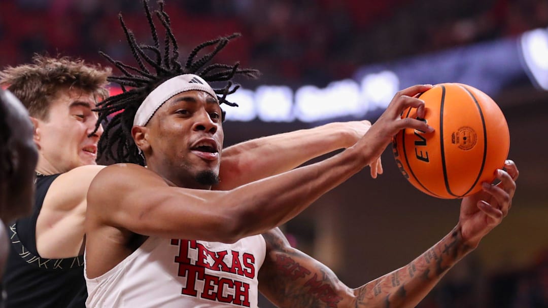 Texas Tech's JT Toppin grabs a rebound against Colorado during a Big 12 Conference men's basketball game, Wednesday, Feb. 11, 2026, in United Supermarkets Arena.