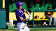 Albany baseball senior Owen Sunderman makes contact during a game April 11, 2025 at Central Park in Avon. The Huskies beat Warroad 7-0.