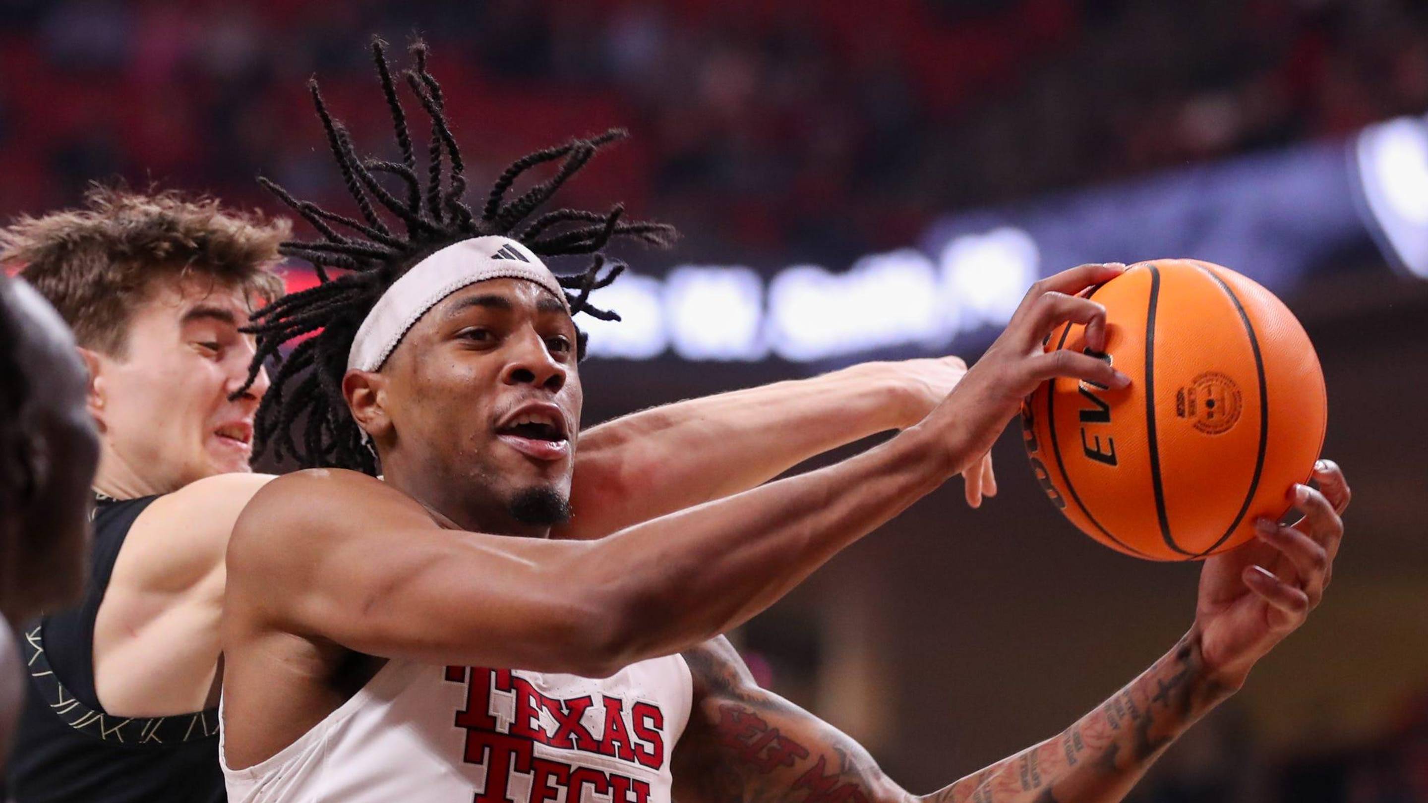 Texas Tech's JT Toppin grabs a rebound against Colorado during a Big 12 Conference men's basketball game, Wednesday, Feb. 11, 2026, in United Supermarkets Arena. | Nathan Giese/Avalanche-Journal / USA TODAY NETWORK via Imagn Images