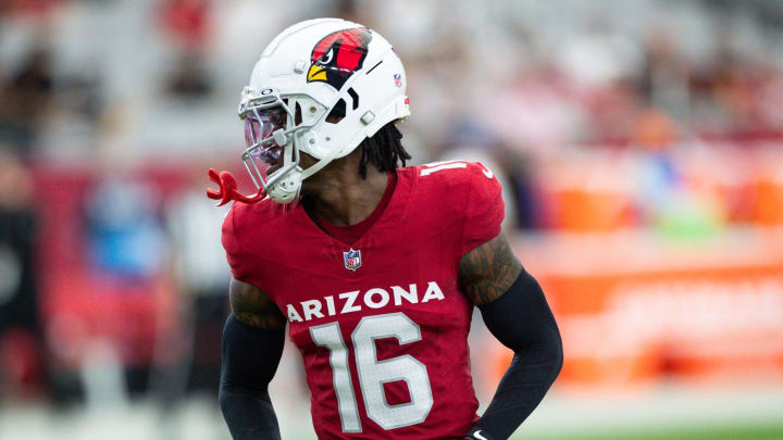 Arizona Cardinals cornerback Max Melton (16) warms up before a preseason game on Aug. 10, 2024 at State Farm Stadium in Glendale.