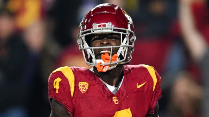 Nov 4, 2023; Los Angeles, California, USA; USC Trojans wide receiver Mario Williams (4) reacts after scoring against the Washington Huskies during the third quarter at United Airlines Field at Los Angeles Memorial Coliseum. Mandatory Credit: Jonathan Hui-USA TODAY Sports